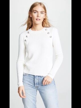 Veronica Beard Simi Merino Wool Sweater Cream Button Shoulder Small - FLAW